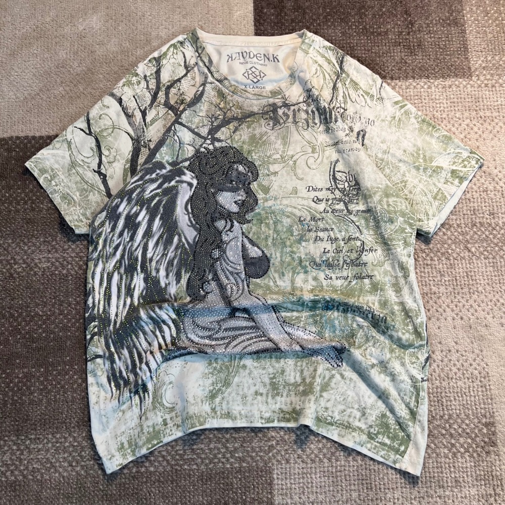 Kayden K Reve Clothing Mens XL Green Angel Rhinestone Graphic T-Shirt Y2K